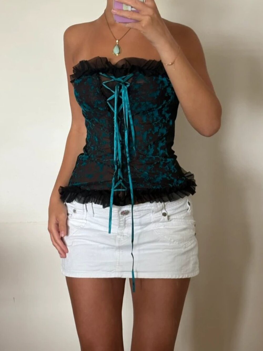 Strapless Teal and Black Lace-Up Corset Top